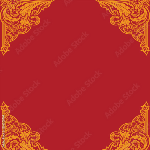 Gilded floral elements and patterns on red stencil in retro style. seamless, vector illustration. Can be used as a background for cards, printed materials, textiles, carpet, cloth, wallpaper
