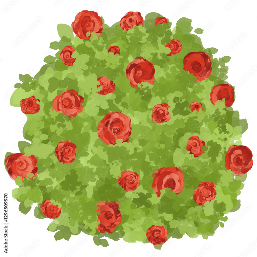 Fototapeta premium Delightful Valentine's Bush: A Cartoonish Depiction of Green Leaves and Red Flowers on a White Canvas, Perfect for Expressing Romantic Sentiments