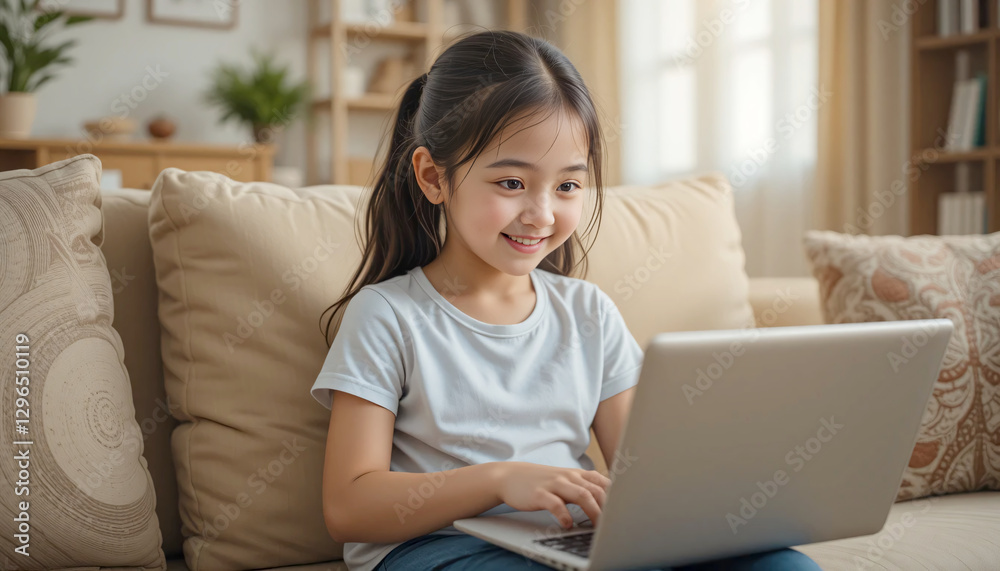 a happy young schoolgirl sitting on a soft couch at home, using her laptop to browse, watch content, or do homework, with a cheerful expression in a cozy and well-lit setting. a happy young schoolgirl sitting on a soft couch at home, using her laptop to browse, watch content, or do homework, with a cheerful expression in a cozy and well-lit setting.