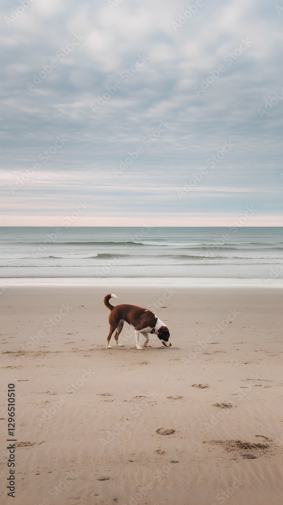 A sandy beach with gentle waves and a lone dog sniffing the shore Vertical Mobile Wallpaper A sandy beach with gentle waves and a lone dog sniffing the shore Vertical Mobile Wallpaper