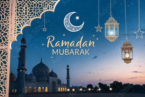 Ramadan Mubarak Night Scene with Mosque and Lanterns