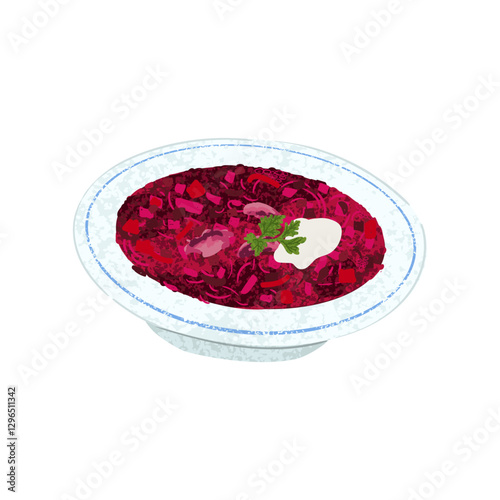 Vector Colorful Illustration of Bowl of Borscht Isolated on White Background