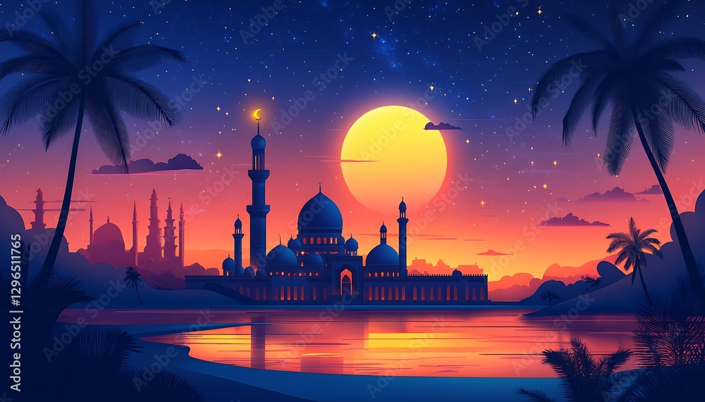 Obraz premium Mosque sunset tropical paradise illustration