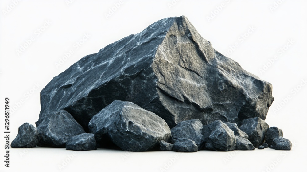 Photo of a dark gray rock with smaller rocks isolated on a white background Photo of a dark gray rock with smaller rocks isolated on a white background