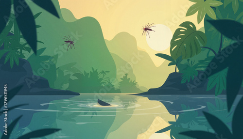 Serene tropical landscape with gentle rippling water, a tropical swamp with malarial mosquitoes photo