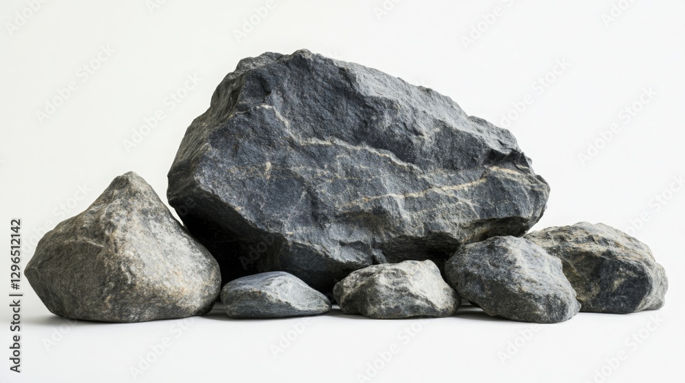 Photo of a dark gray rock with smaller rocks isolated on a white background Photo of a dark gray rock with smaller rocks isolated on a white background