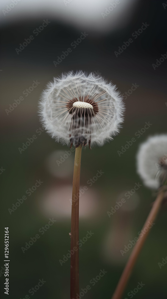 Fototapeta premium A dandelion stands tall, its seeds ready to disperse in the wind Vertical Mobile Wallpaper