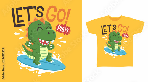 Cute dinosaur with surfboard hand drawn, ready for print on t shirt and other uses.