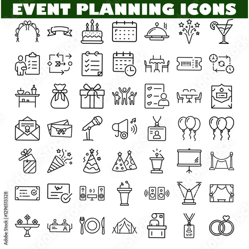 Event Planning Icons Celebration, Party, Wedding, Birthday, Meeting, Checklist, Schedule, Catering, 