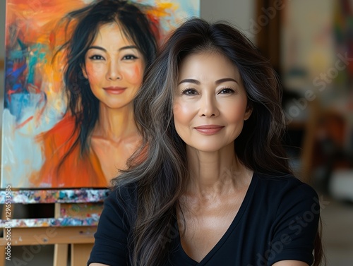 A woman smiles beside her vibrant self-portrait in an art studio, showcasing talent and creativity in painting.