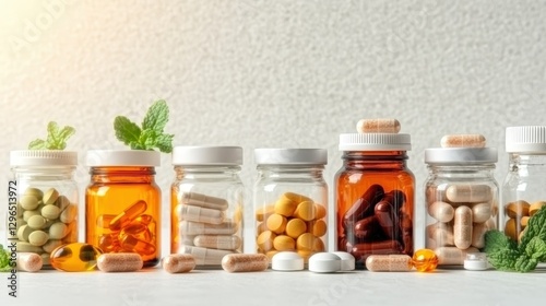 Assorted pills and tablets in clear glass bottles on a white background for medical and pharmaceutical use