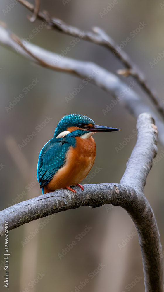 Obraz premium A striking blue and orange kingfisher perched on a slender tree branch Vertical Mobile Wallpaper