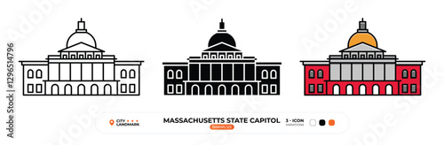 Massachusetts State Capitol Line Icon. US Boston, Silhouette, Color Symbol, Editable Stroke.