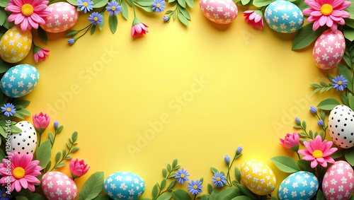 Wallpaper Mural Assorted Easter Eggs and Vibrant Flowers Border Frame with Colorful Copy Space for Easter Greetings - Perfect Photo Stock Concept with Empty Space on the Left Torontodigital.ca