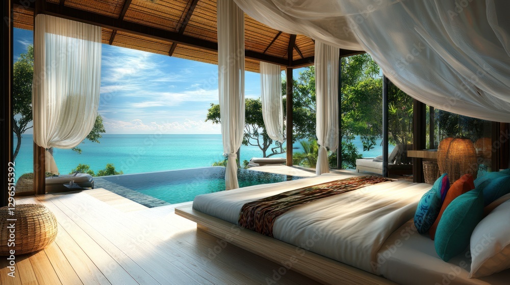 Fototapeta premium Luxury Villa Bedroom with Ocean View and Private Pool for Vacation