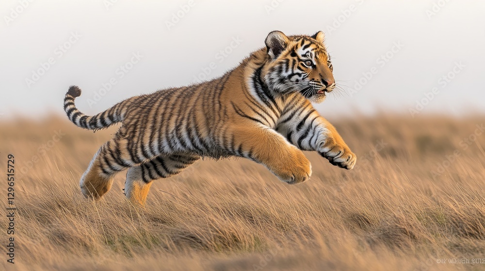 Fototapeta premium Tiger cub leaping through tall grass.