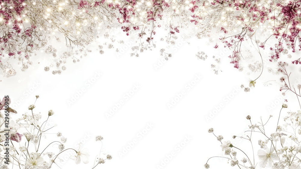 A clean white background with hanging string lights and soft flower arrangements, ideal for a wedding invitation design with space for text.