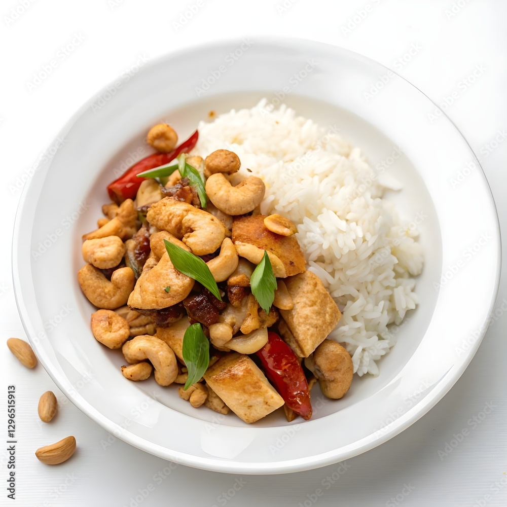 white plate of chicken sauted cashew nuts and rice on white background photo. white plate of chicken sauted cashew nuts and rice on white background photo.