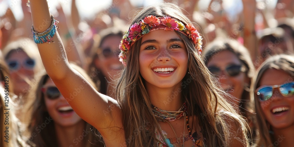 Obraz premium Happy Young Woman with Flower Crown at Outdoor Music Festival Enjoying the Crowd