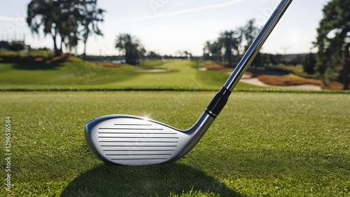 A golf club with a shiny grip, placed flat on a clean surface.