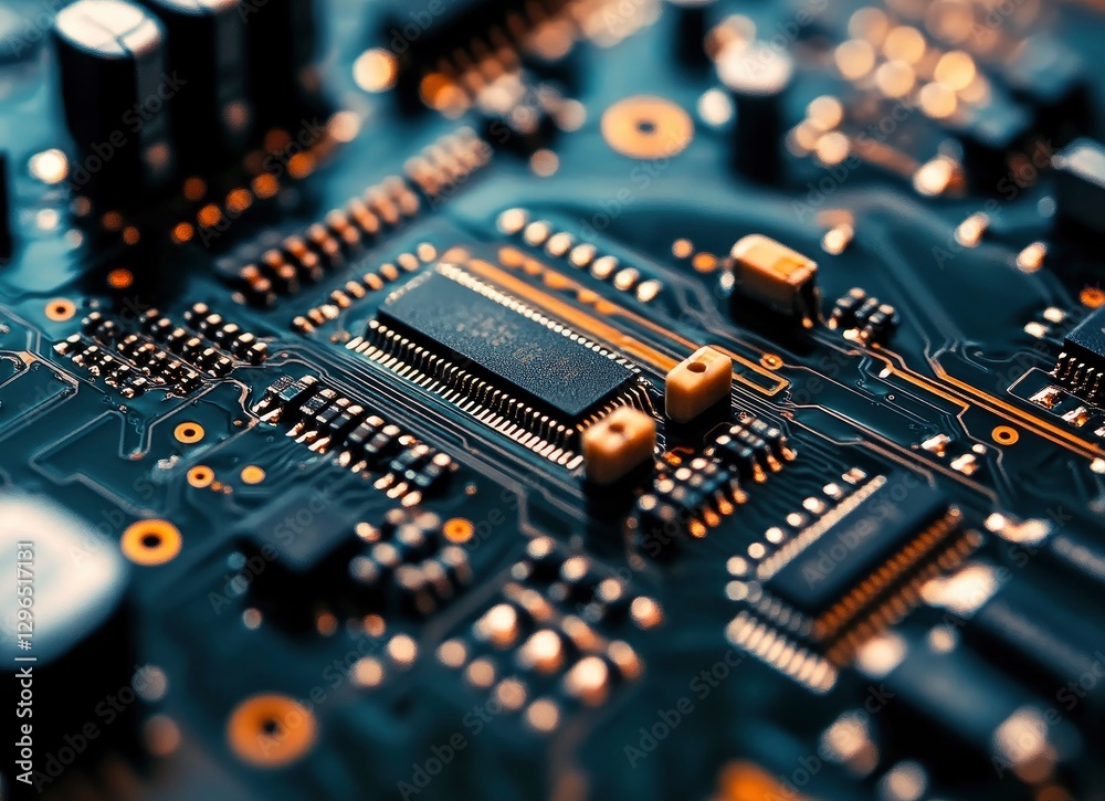 A close-up shot of the circuit board on an electronic device, showcasing intricate patterns and components. A close-up shot of the circuit board on an electronic device, showcasing intricate patterns and components.