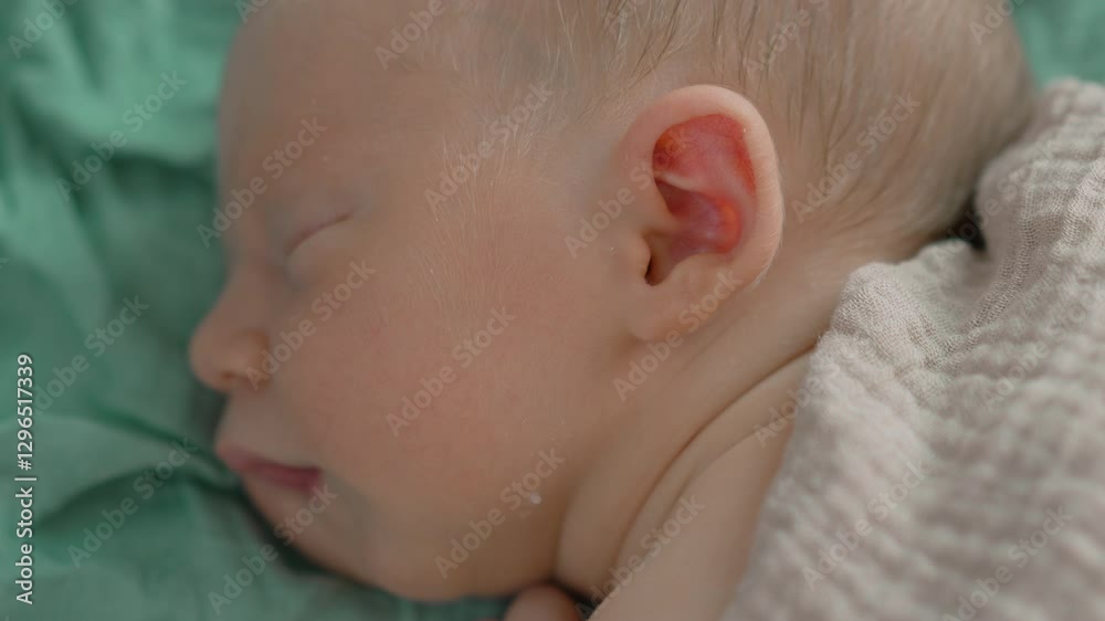 Close-up video of a sleeping newborn baby peacefully wrapped in a soft muslin blanket. A tender and serene moment capturing the innocence and tranquility of a newborn in gentle comfort. Close-up video of a sleeping newborn baby peacefully wrapped in a soft muslin blanket. A tender and serene moment capturing the innocence and tranquility of a newborn in gentle comfort.