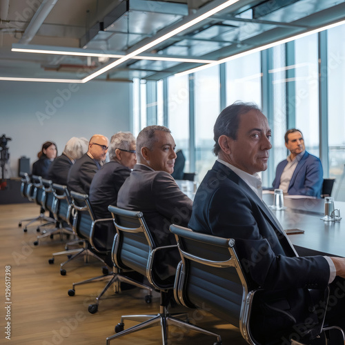 Un hombre de mediana edad sentado en la sala de conferencias. photo