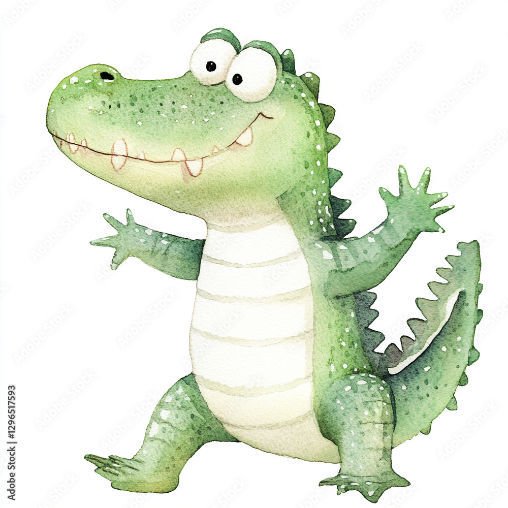 Fototapeta premium Cute Minimal Isolated Watercolor Alligator Design Perfect for Kids' Art Nursery Decor and Animal Lovers - Adorable Green Reptile Illustration on White Background