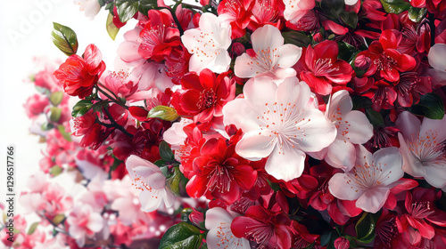 A vibrant display of red and white flowers, showcasing delicate petals and lush greenery, evoking a sense of beauty and nature.