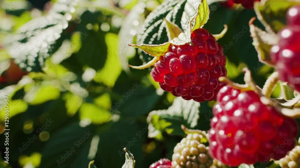 A close-up view of ripe, red raspberries growing on a bush, with some unripe berries visible, surrounded by green leaves under the sunlight A close-up view of ripe, red raspberries growing on a bush, with some unripe berries visible, surrounded by green leaves under the sunlight