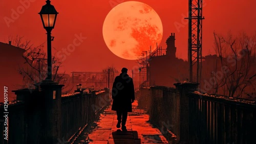 Mysterious figure walking under a large moon on a foggy evening bridge in an eerie red atmosphere