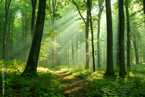 Peaceful Green Forest with Rays of Sunlight
