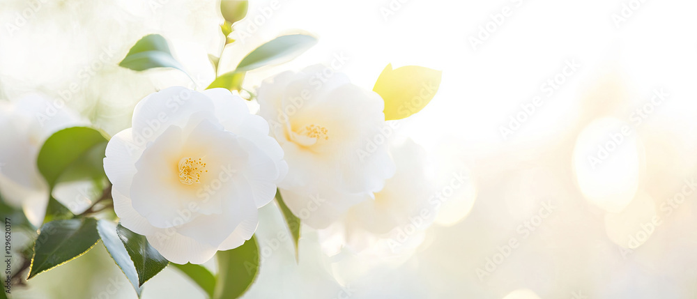 White camellias blooming in soft golden sunlight White camellias blooming in soft golden sunlight