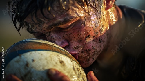 Intense Moment of a Young Rugby Player Kissing a Muddy Ball