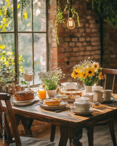 Chic Rustic Breakfast Table with Elegant Décor and Fresh Flowers