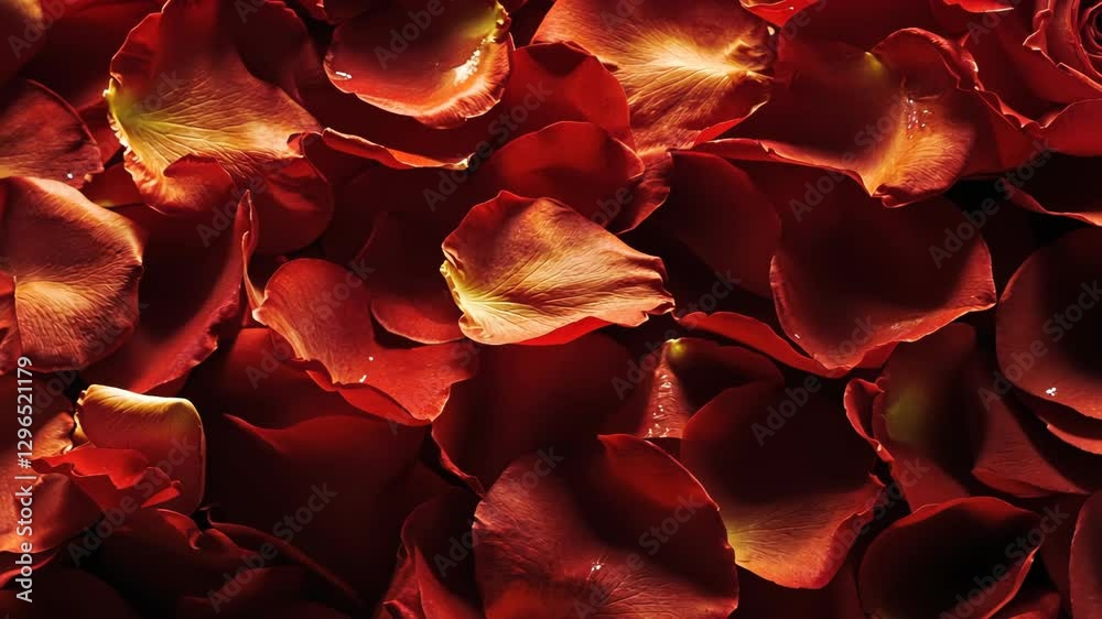 Petals create a vibrant carpet of red in a serene setting, evoking feelings of romance and tranquility