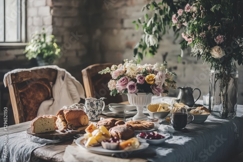 Chic Rustic Breakfast Table with Elegant Décor and Fresh Flowers