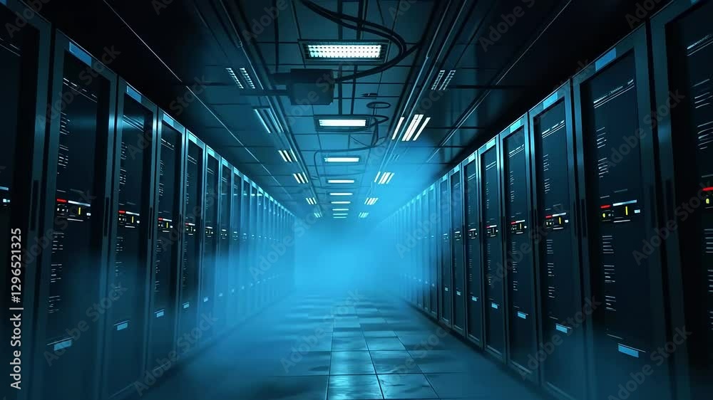 Futuristic data center with illuminated server racks, fog, and high-tech ambiance, showcasing technology Futuristic data center with illuminated server racks, fog, and high-tech ambiance, showcasing technology