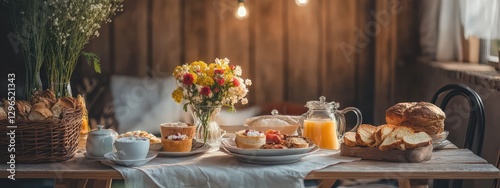Chic Rustic Breakfast Table with Elegant Décor and Fresh Flowers