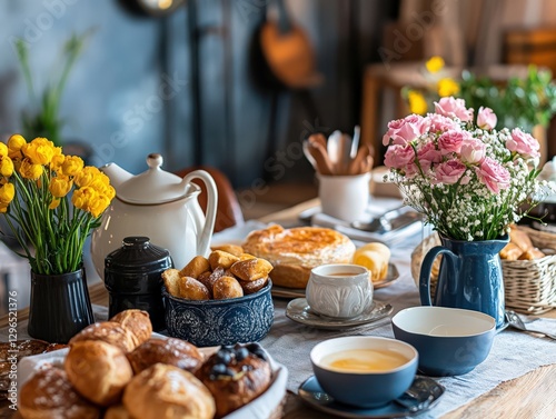 Chic Rustic Breakfast Table with Elegant Décor and Fresh Flowers