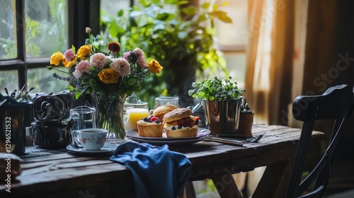 Chic Rustic Breakfast Table with Elegant Décor and Fresh Flowers