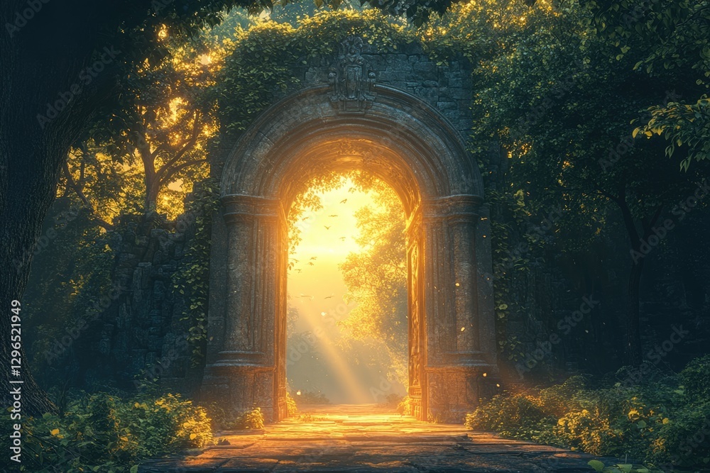 Fototapeta premium Sunlit Archway in Enchanting Forest: Golden Pathway to Mystery