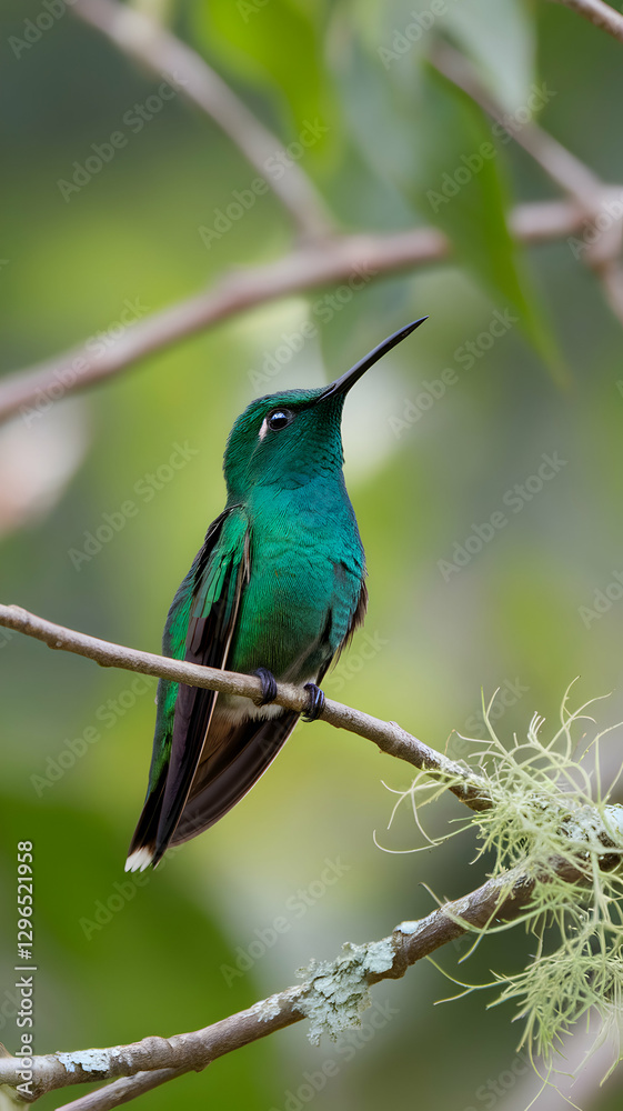 Fototapeta premium A vibrant hummingbird perched on a weathered branch in a forest Vertical Mobile Wallpaper