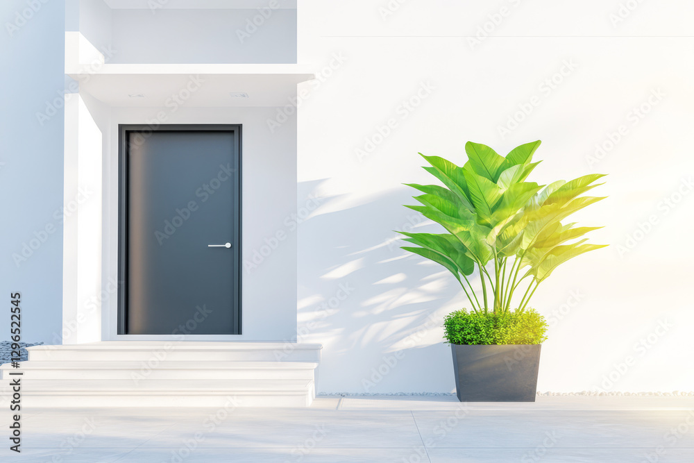 Fototapeta premium Modern entrance with a sleek door and vibrant potted plant in bright sunlight