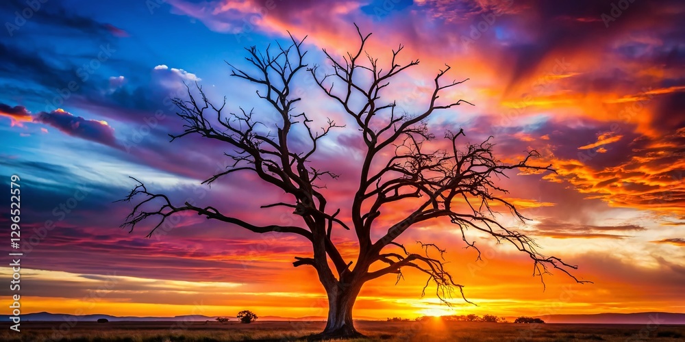 Naklejka premium Haunting Silhouette of a Dead Tree Against Sunset, Barren Branches, Nature Photography