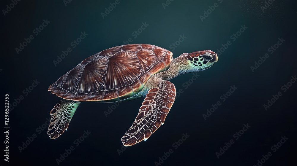 Fototapeta premium A lone sea turtle floating in the dark depths of the ocean, soft ambient light highlighting its textured shell.