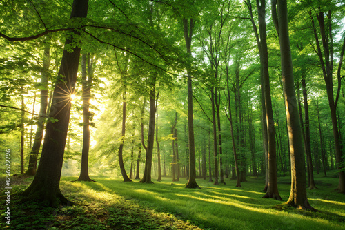 Bright Sunrays Piercing Through Dense Green Foliage