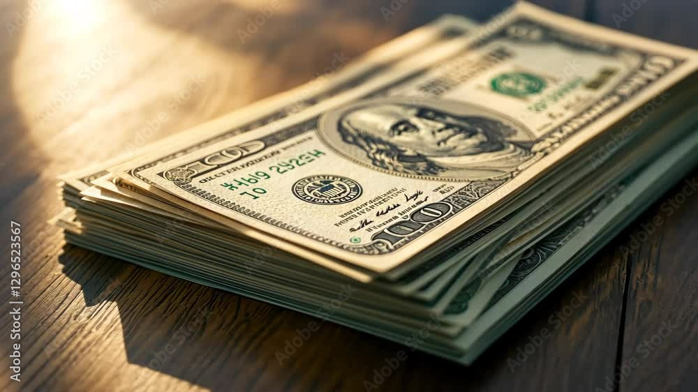 Stack of American Hundred Dollar Bills on Wooden Table Surface Stack of American Hundred Dollar Bills on Wooden Table Surface