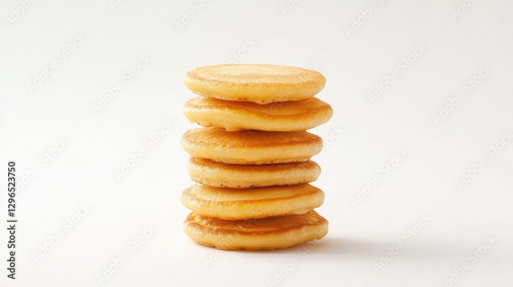 A minimalist shot of a golden pancake stack on a white background, simple elegance with soft lighting. A minimalist shot of a golden pancake stack on a white background, simple elegance with soft lighting.