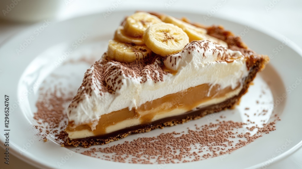 A single slice of banoffee pie with banana, caramel, and whipped cream, served on a clean white plate with soft lighting. A single slice of banoffee pie with banana, caramel, and whipped cream, served on a clean white plate with soft lighting.